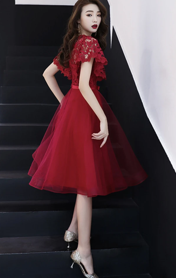 Burgundy v neck lace short A line Homecoming Dress cg11465