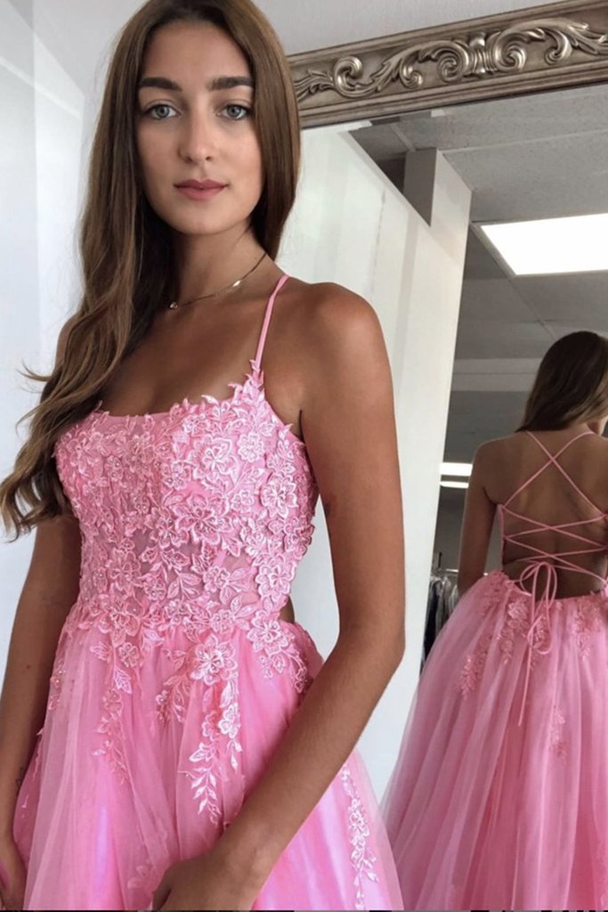 A Line Spaghetti Straps Backless Long Pink Lace Prom Dress, Pink Lace Formal Graduation Evening Dress cg11482