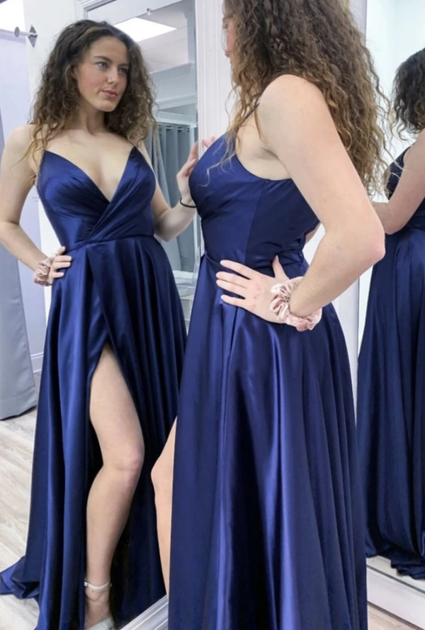 A Line V Neck Navy Blue Satin Long Prom Dress with High Slit, V Neck Navy Blue Formal Graduation Evening Dress cg11495
