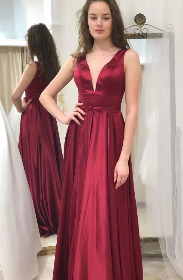 Simple A Line V Neck Burgundy Long Prom Dress, V Neck Burgundy Formal Graduation Evening Dress cg11497