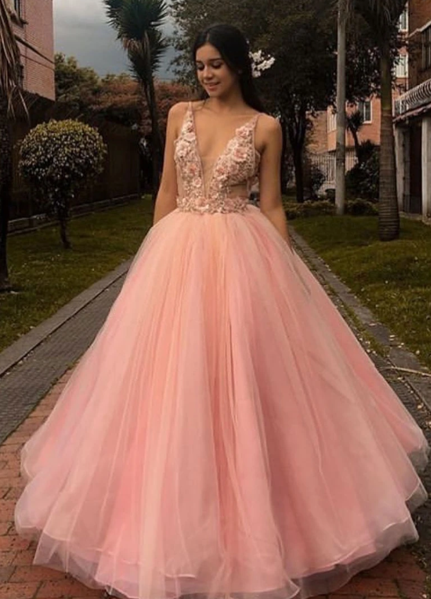 Pink v neck tulle lace applique long prom dress pink formal dress cg11510