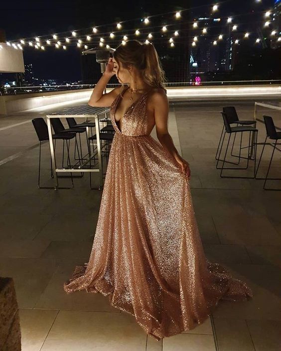 shiny gold long prom dresses, sexy deep v neck prom dresses cg11512