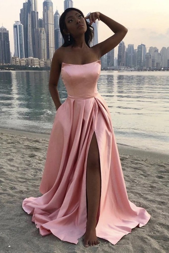 Strapless Pink Satin Long Prom Dress with High Slit, Simple Pink Formal Graduation Evening Dress cg11536