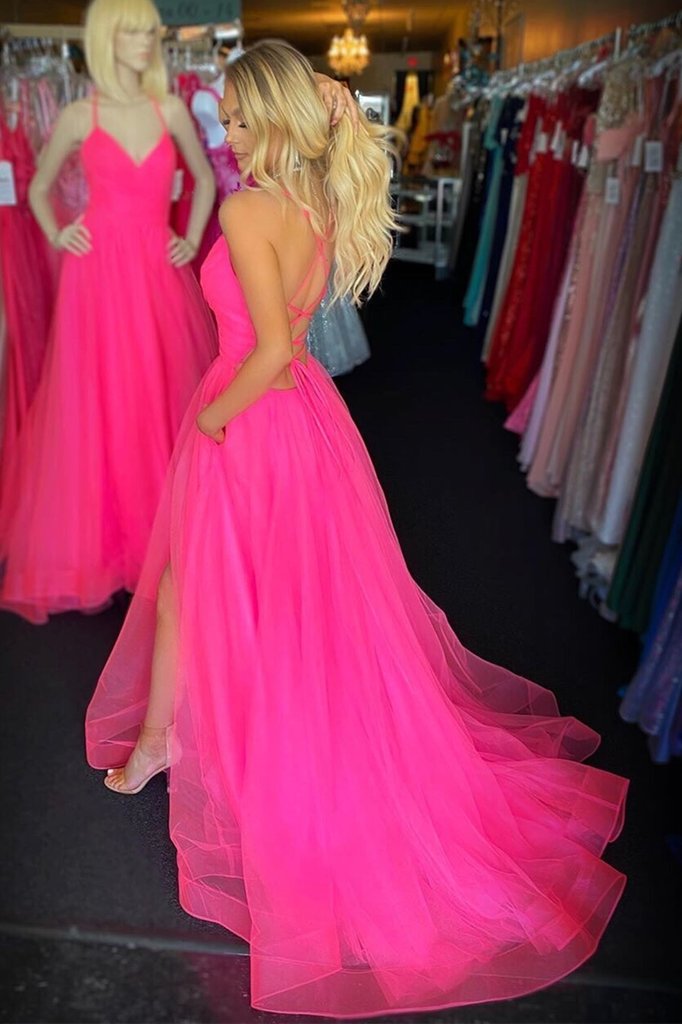 A Line V Neck Backless Hot Pink Long Prom Dress with Slit, Backless Hot Pink Formal Dress, Hot Pink Evening Dress cg11537