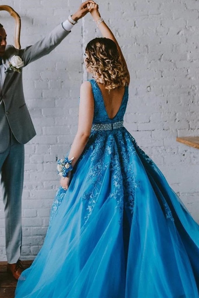 A Line V Neck Blue Lace Long Prom Dress, Blue Lace Formal Dress, Blue Evening Dress cg11538