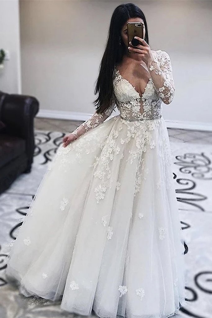 Long Sleeves V Neck White Lace Prom Wedding Dress, Long Sleeves White Lace Formal Dress, White Lace Evening Dress cg11539