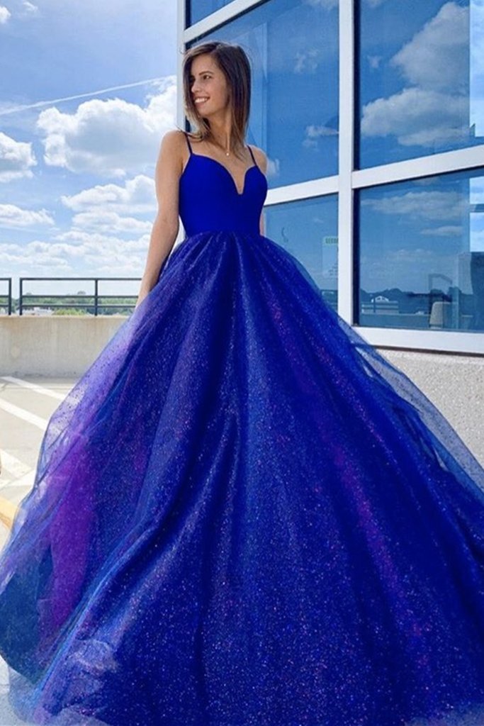 Shiny V Neck Blue Prom Dress, Sparkly V Neck Blue Ball Gown, Blue Formal Evening Dress cg11540