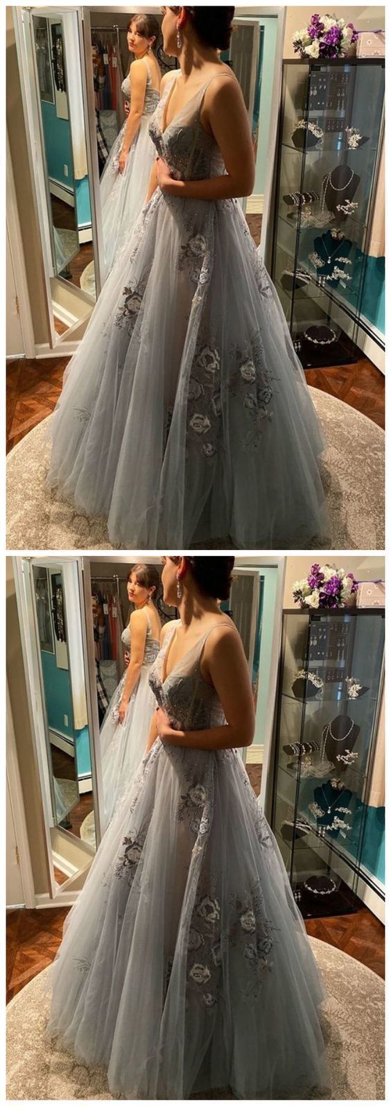 Charming V neck Tulle Long Prom Dress with Flower, Evening Party Gown cg11543