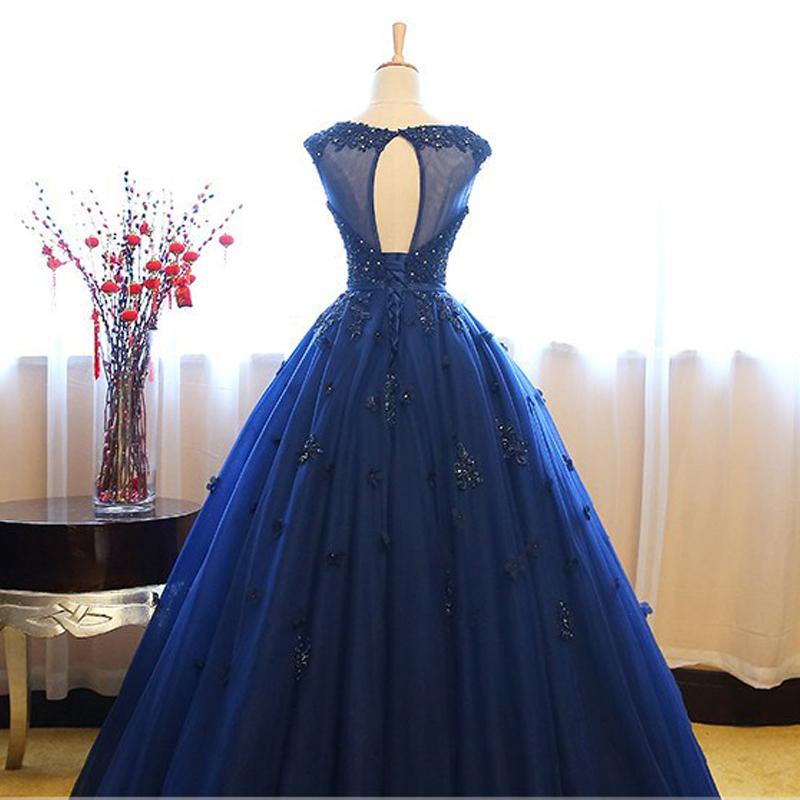 Navy Blue Tulle Cap Sleeves Quinceanera Dresses, Blue Beaded Ball Gown Party Dress prom dress evening dress cg11552