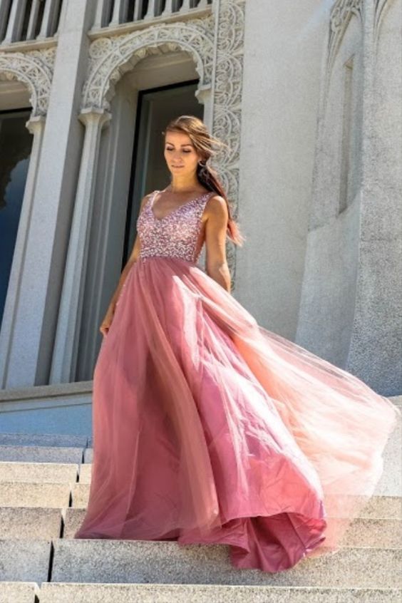 blush pink A-line long formal dress evenig dress with v neckline Prom Dress cg11597