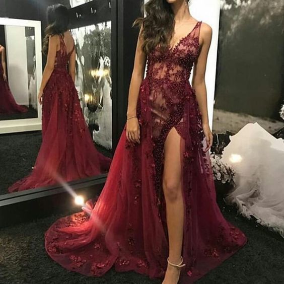 burgundy prom dresses deep v neck lace pearls beaded side slit lace evening dresses cg11606