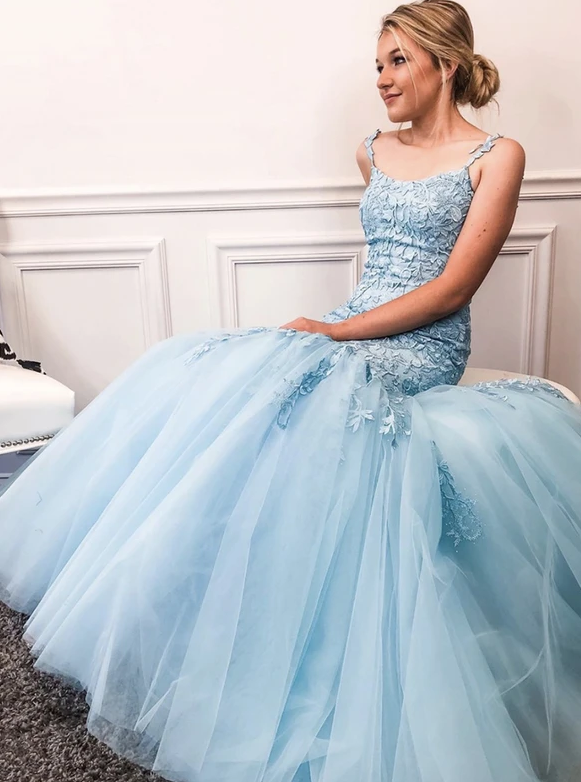 Blue tulle lace long prom dress evening dress cg11612