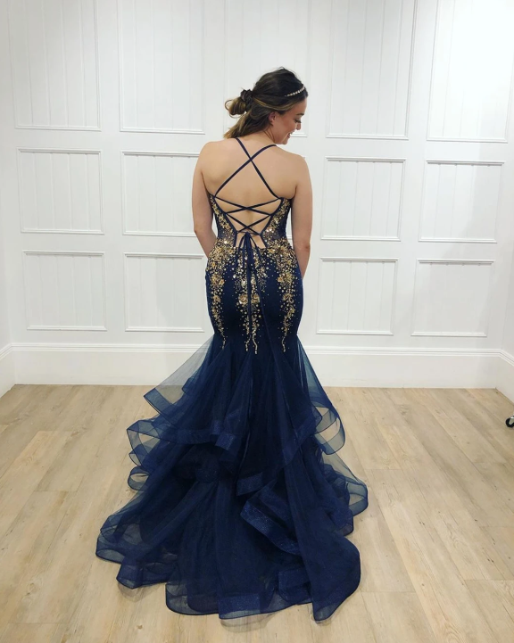 Navy Tulle Gold Beaded Spaghetti Straps Mermaid Prom Dress cg11636