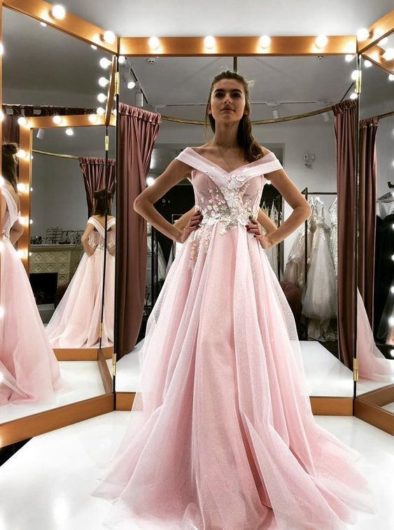 See-Through Mesh Pink Long Prom Dress Off-Shoulder Quinceanera Dresses cg11638