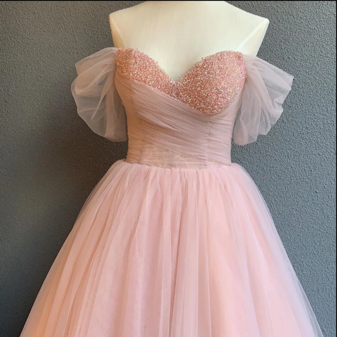 Off The Shoulder Tulle Prom Dress Pearl Pink Prom Dress cg11640