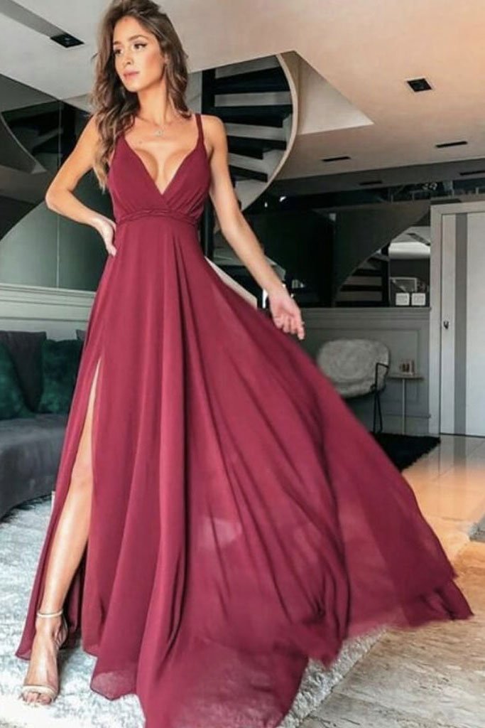 SIMPLE V NECK CHIFFON LONG PROM DRESS CHIFFON BRIDESMAID DRESS cg11646