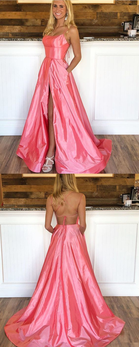 Simple Peach Pink Double Straps Prom Dress with Side Slit cg11654