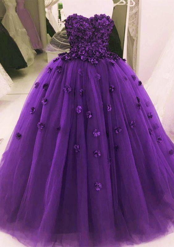Purple Tulle Flowers Prom Dress Sweetheart A Line Formal Evening Dresses Long Party Gowns cg11670