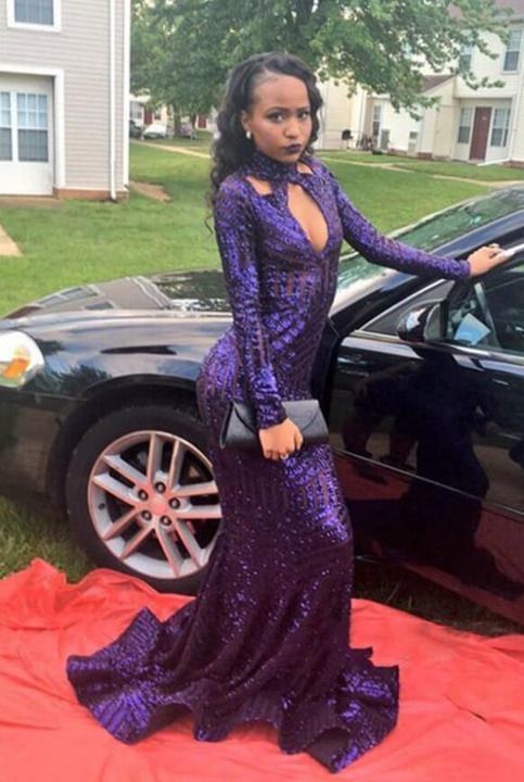 Sexy Keyhole High Neck Mermaid Purple Sequined Prom Dresses cg11681