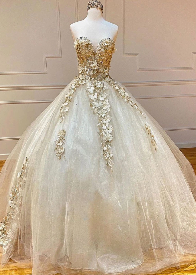 Champagne sweetheart tulle lace long prom gown, tulle formal gown cg11706