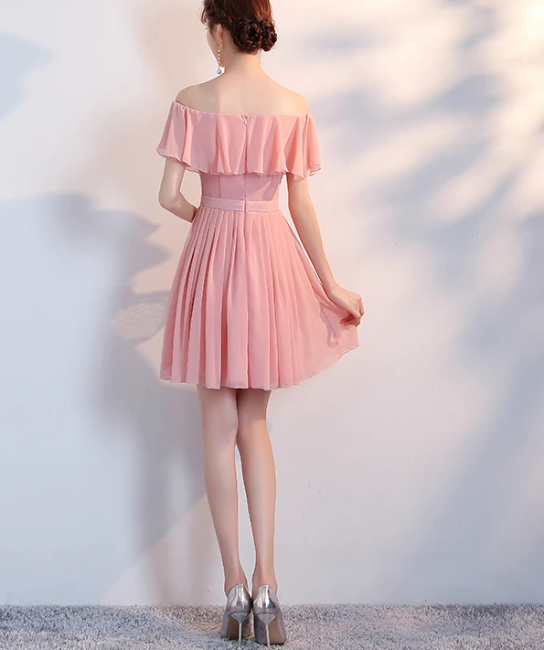 Lovely Off Shoulder Light Pink Short Bridesmaid Dress, Pink Homecoming Dresses cg11727