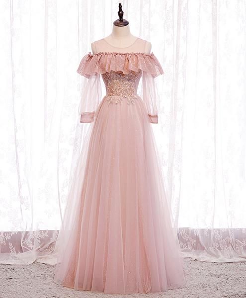Pink round neck tulle lace long prom dress pink lace evening dress cg11749