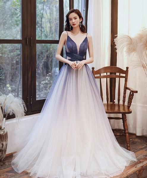 Blue v neck tulle long prom dress blue tulle evening dress cg11752