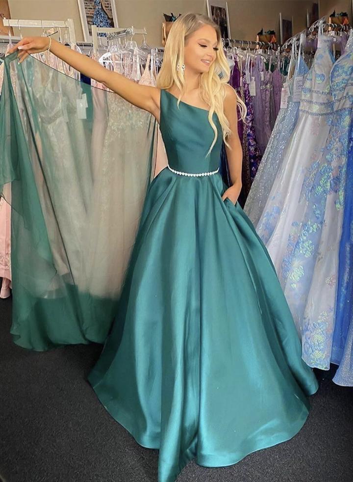 Green satin one shoulder prom dress evening dress cg11774