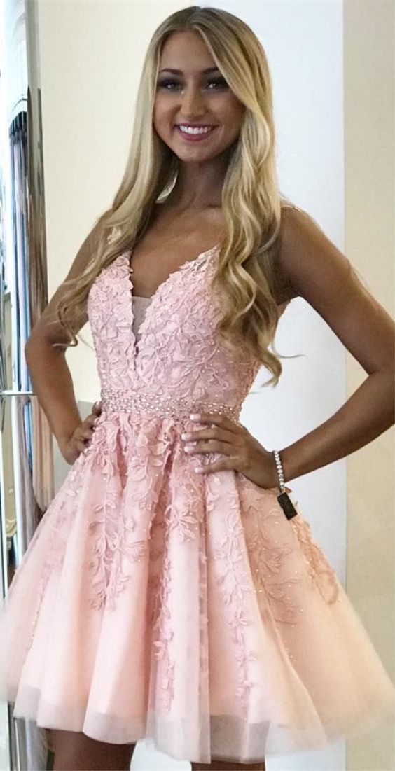 A-Line V-neck Above-Knee Pink Homecoming Dress cg1178
