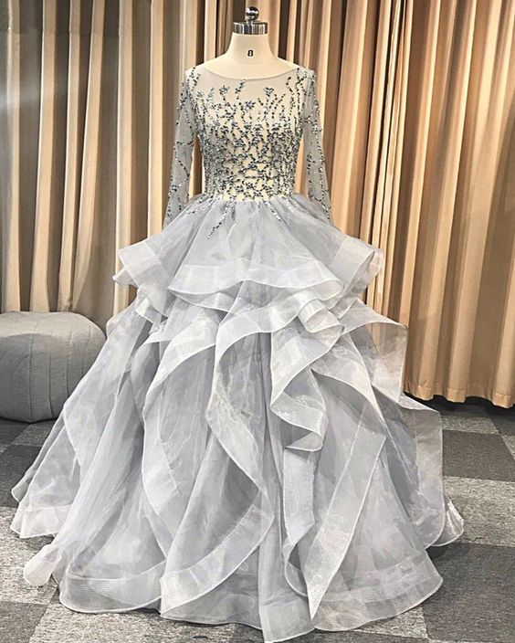 Gray Tulle Open Back Beaded Long Sleeve Ruffles Formal prom Gown, Evening Dress cg11803