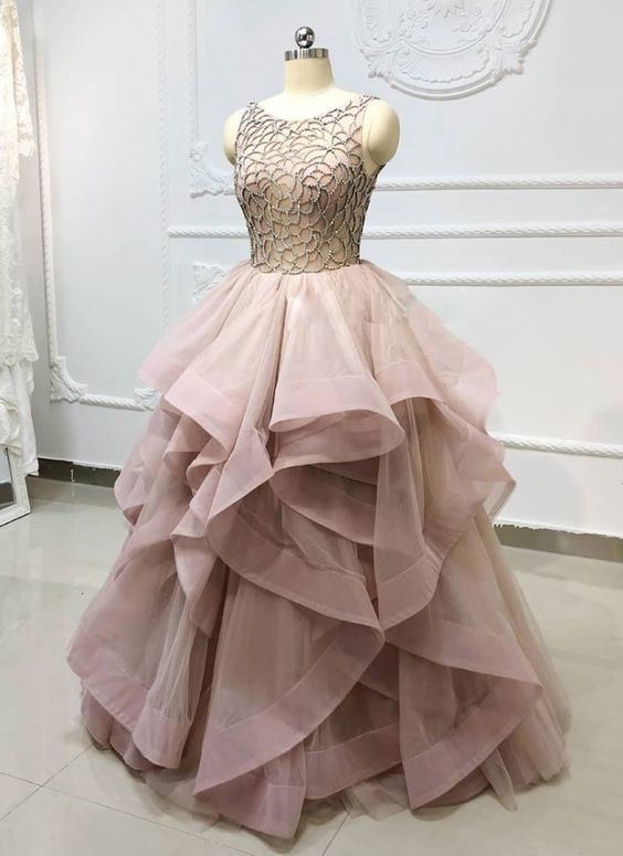 Unique Round Neck Beaded Long Ball Gown, Evening prom Dress cg11804