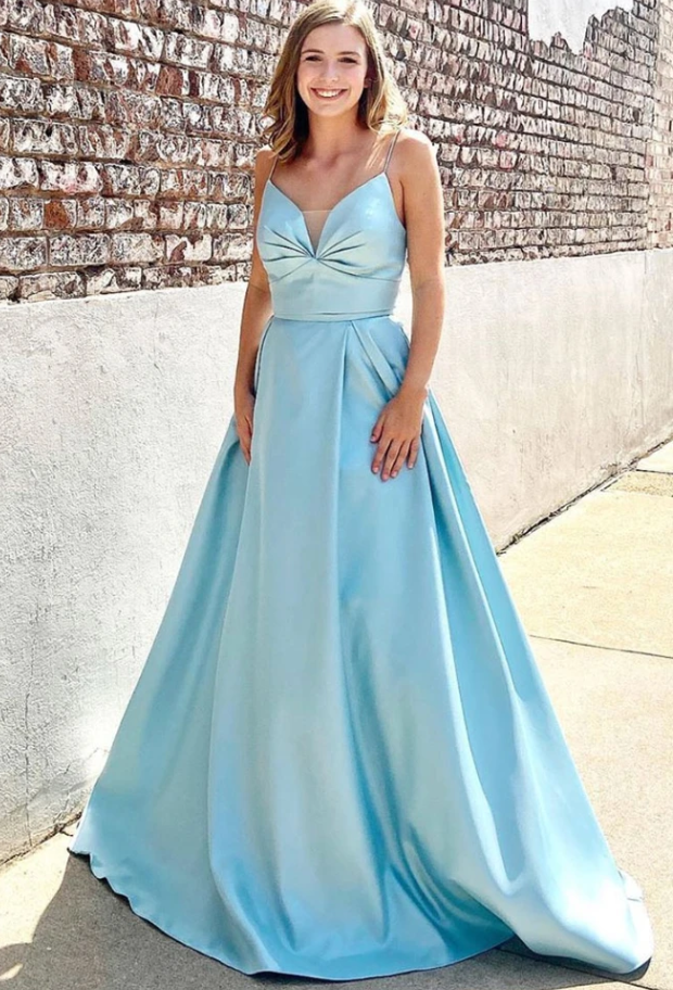 BLUE V NECK SATIN LONG PROM DRESS, BLUE LONG EVENING DRESS cg11813