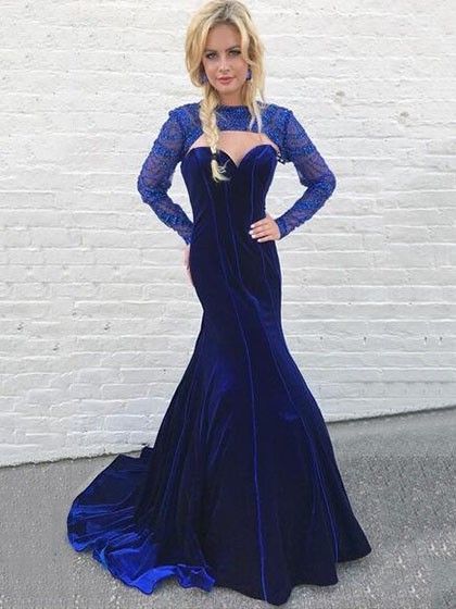 Trumpet/Mermaid High Neck Velvet Sweep Train Beading Prom Dresses cg11826