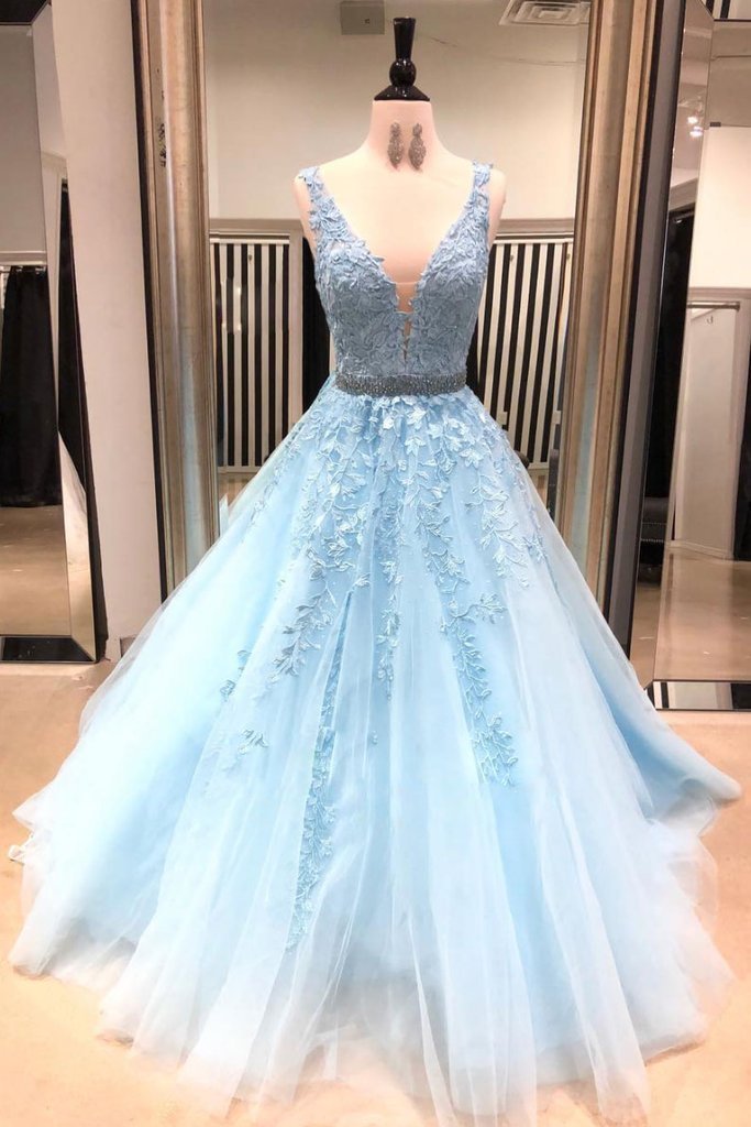 Light Sky Blue Ball Gown Long Prom Dress cg11843