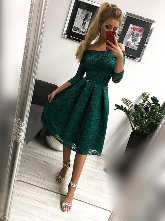 Off the shoulder green lace prom dress , short prom dress cg11852