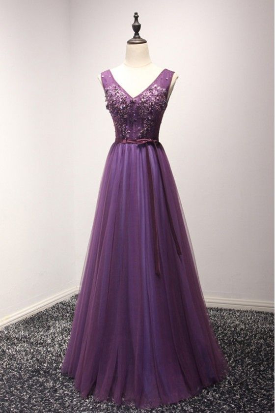 Gorgeous Purple Long Tulle Evening prom Dress With Beading For Women cg11864