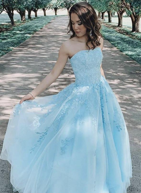 Blue lace strapless prom dress formal gown cg11892