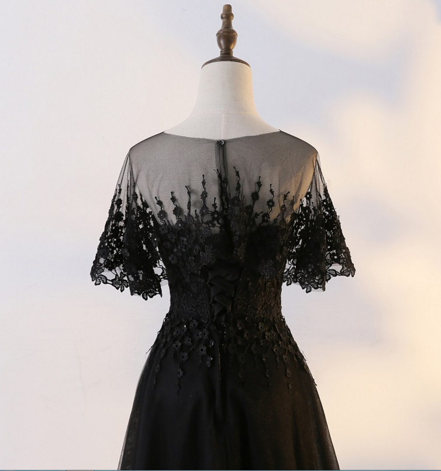 Black Tulle Long Party Dress With Lace Applique, Black Formal prom Gown cg11896