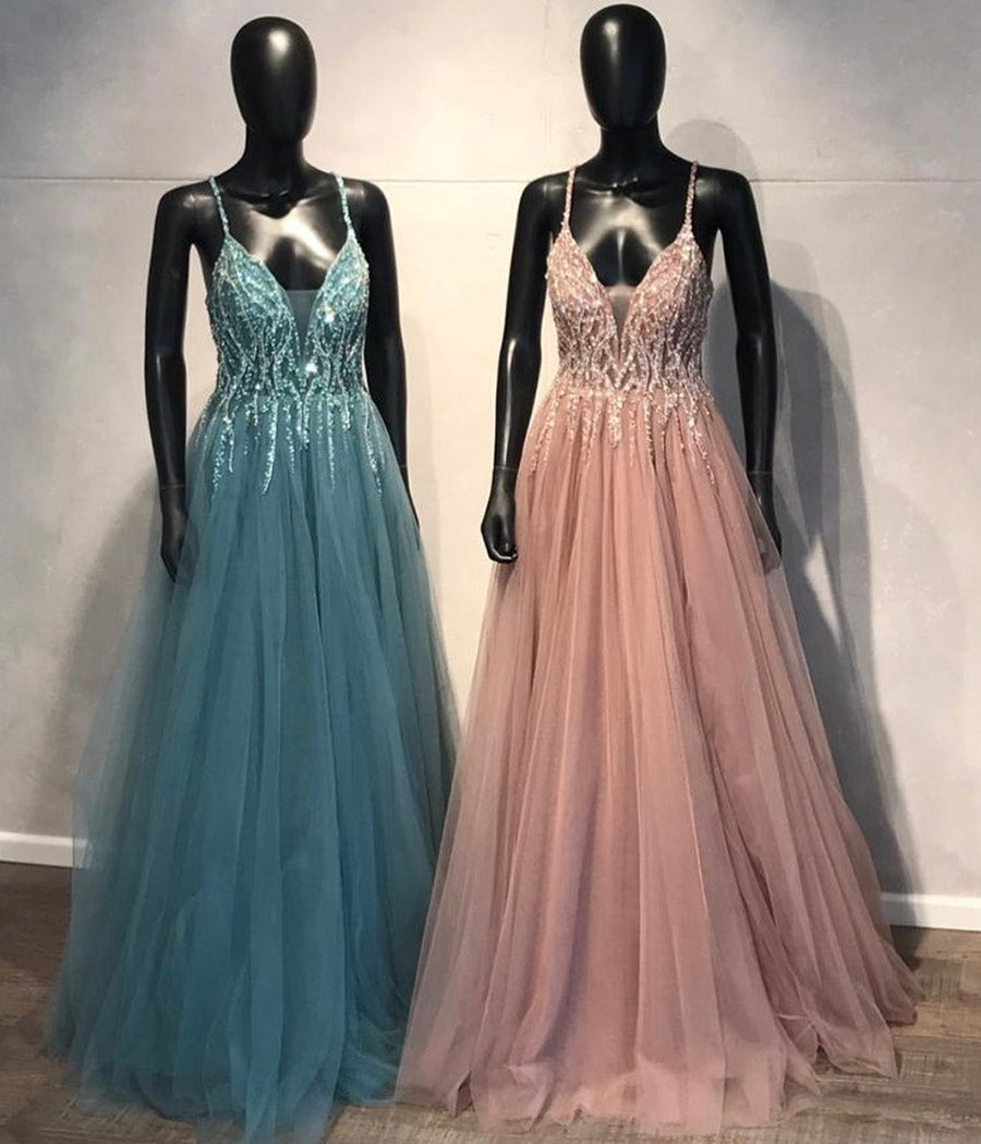 A LINE V NECK TULLE BEADS PROM DRESS FORMAL DRESS cg11900