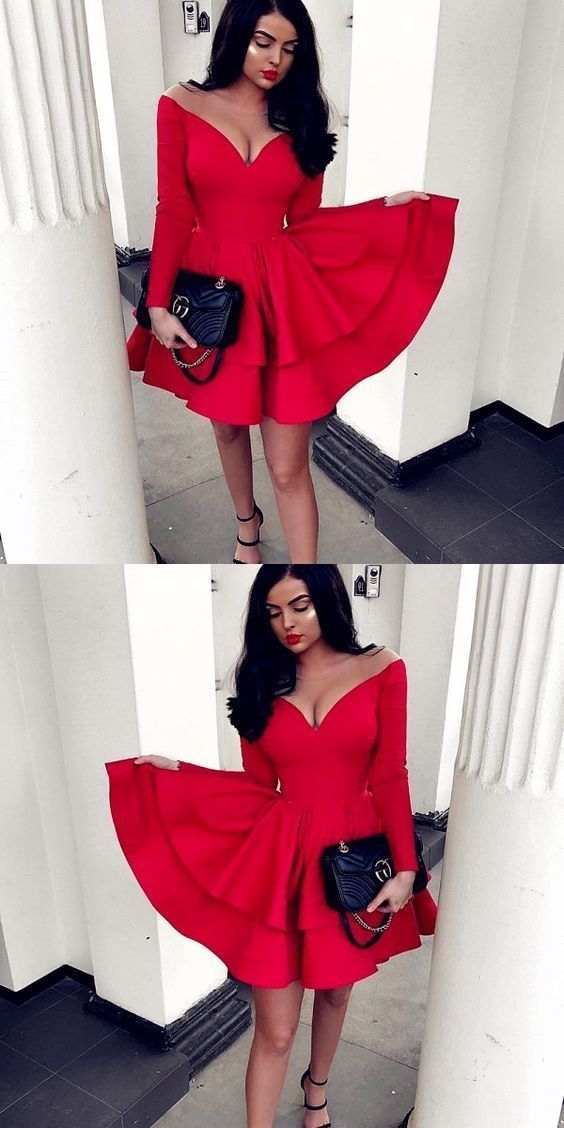 Red Long Sleeve Ruffled Homecoming Dress cg11902