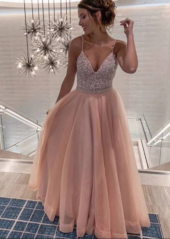 Pink v neck tulle sequins prom dress evening dress cg11918
