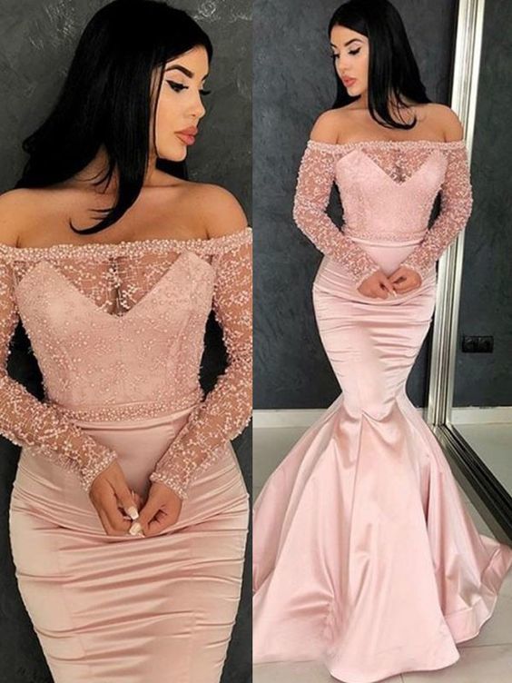 Mermaid Long Sleeves Brush Train Pink Ruffles Satin Prom Dresses cg11922