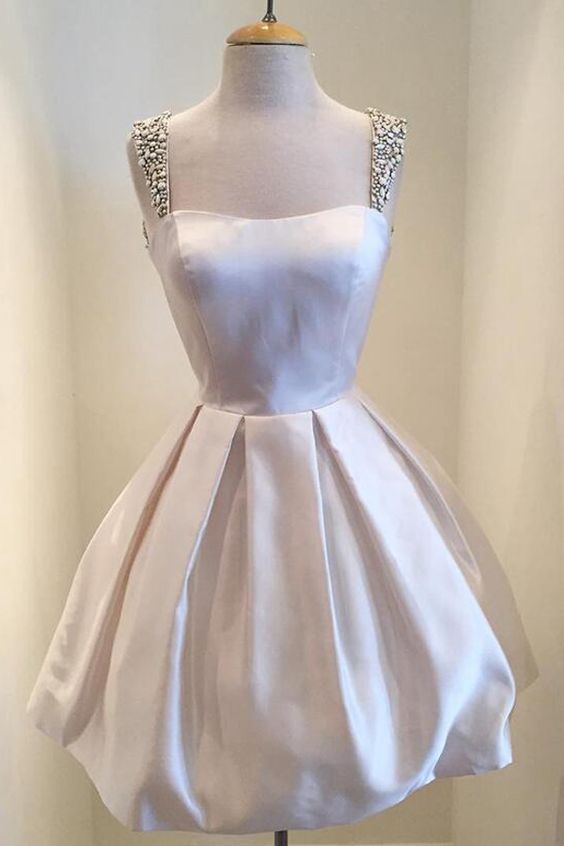 Vintage Square Sleeveless Short Beading Straps Ivory Homecoming Dress Ruched cg11936