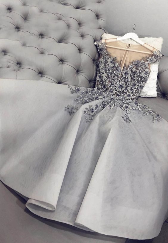 Gray tulle appliqué short dress party dress Homecoming Dresses cg11966