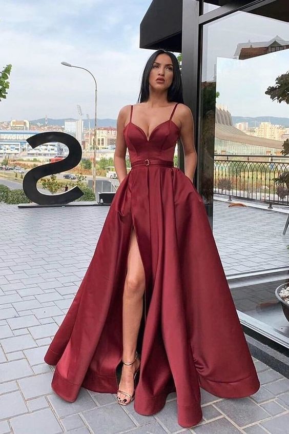 Straps A-Line Maroon Long Prom Dress with Slit cg11992