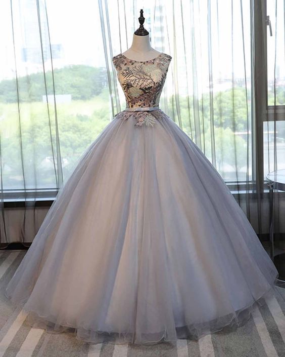 Gray tulle scoop neck long lace formal prom dress cg11995