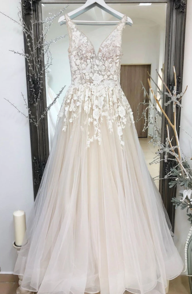 Champagne tulle v neck lace long prom dress champagne formal dress cg12005