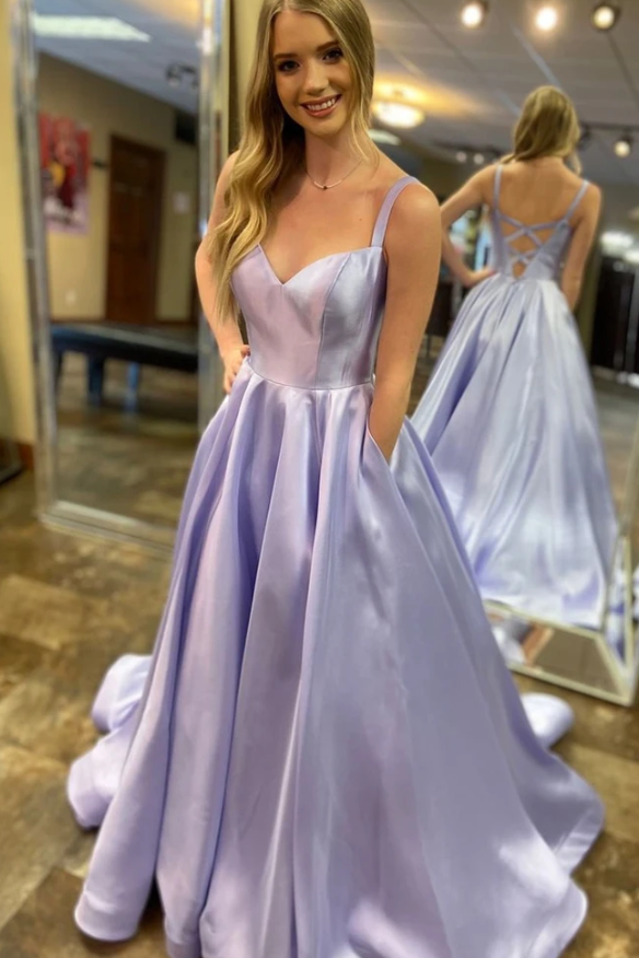Elegant A-Line Spaghetti Straps Lavender Satin Long Prom Dress with Pockets cg12010