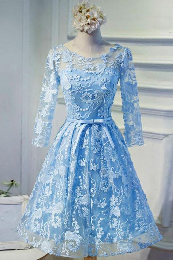 Bule Homecoming Dress,Keyhole Back Appliques Dress cg12013