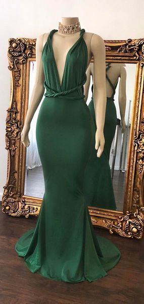 Sexy Green Prom Dresses Halter V-Neck Crisscross Back Mermaid Evening Gowns cg12028